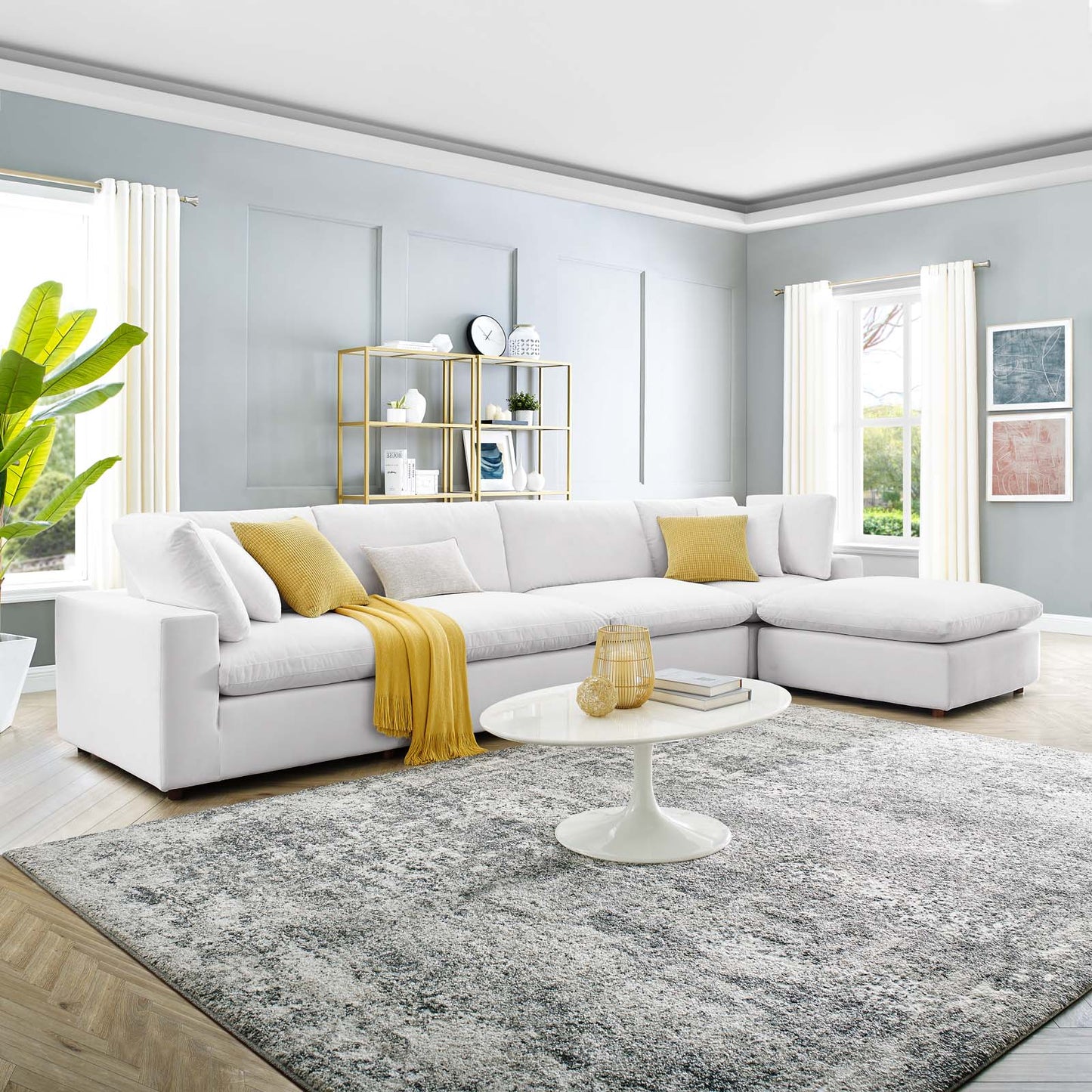Commix Down Filled Overstuffed Performance Velvet 5-Piece Sectional Sofa, Velvet, White, 20593