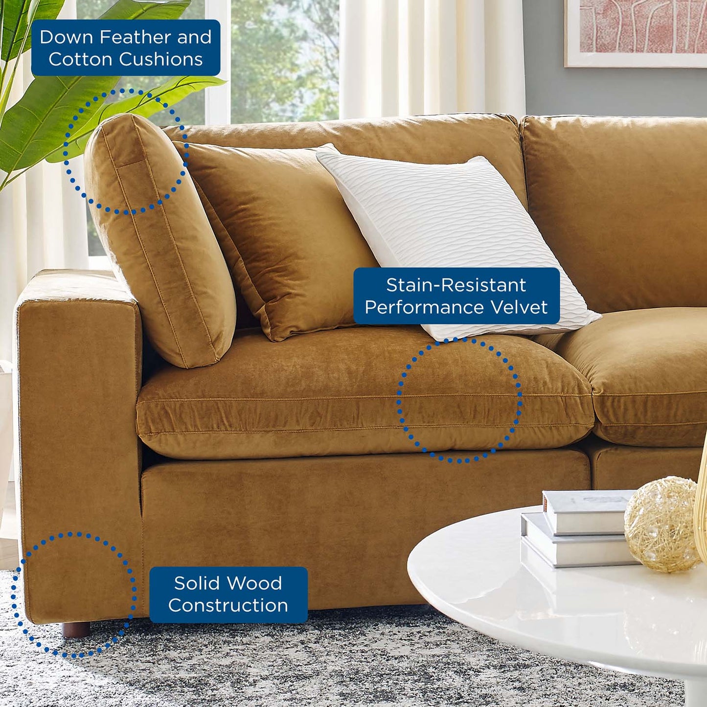 Commix Down Filled Overstuffed Performance Velvet 6-Piece Sectional Sofa, Velvet, Brown, 20594