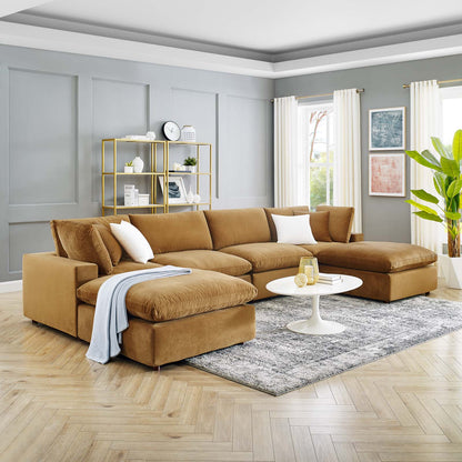 Commix Down Filled Overstuffed Performance Velvet 6-Piece Sectional Sofa, Velvet, Brown, 20594