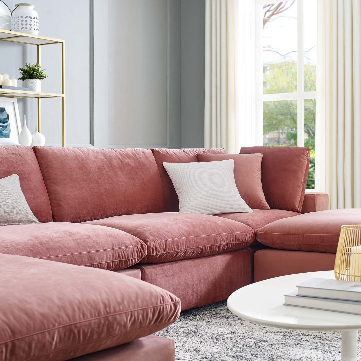 Commix Down Filled Overstuffed Performance Velvet 6-Piece Sectional Sofa, Velvet, Pink, 20595
