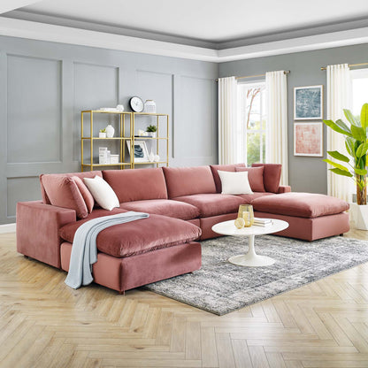 Commix Down Filled Overstuffed Performance Velvet 6-Piece Sectional Sofa, Velvet, Pink, 20595