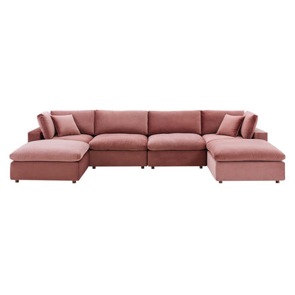 Commix Down Filled Overstuffed Performance Velvet 6-Piece Sectional Sofa, Velvet, Pink, 20595