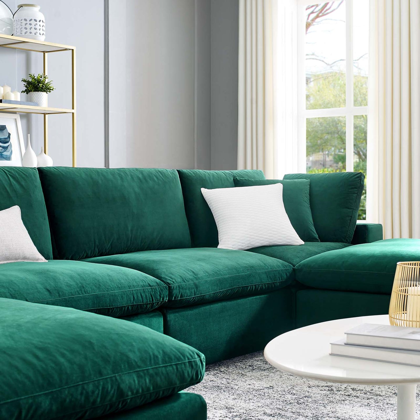 Commix Down Filled Overstuffed Performance Velvet 6-Piece Sectional Sofa, Velvet, Green, 20596