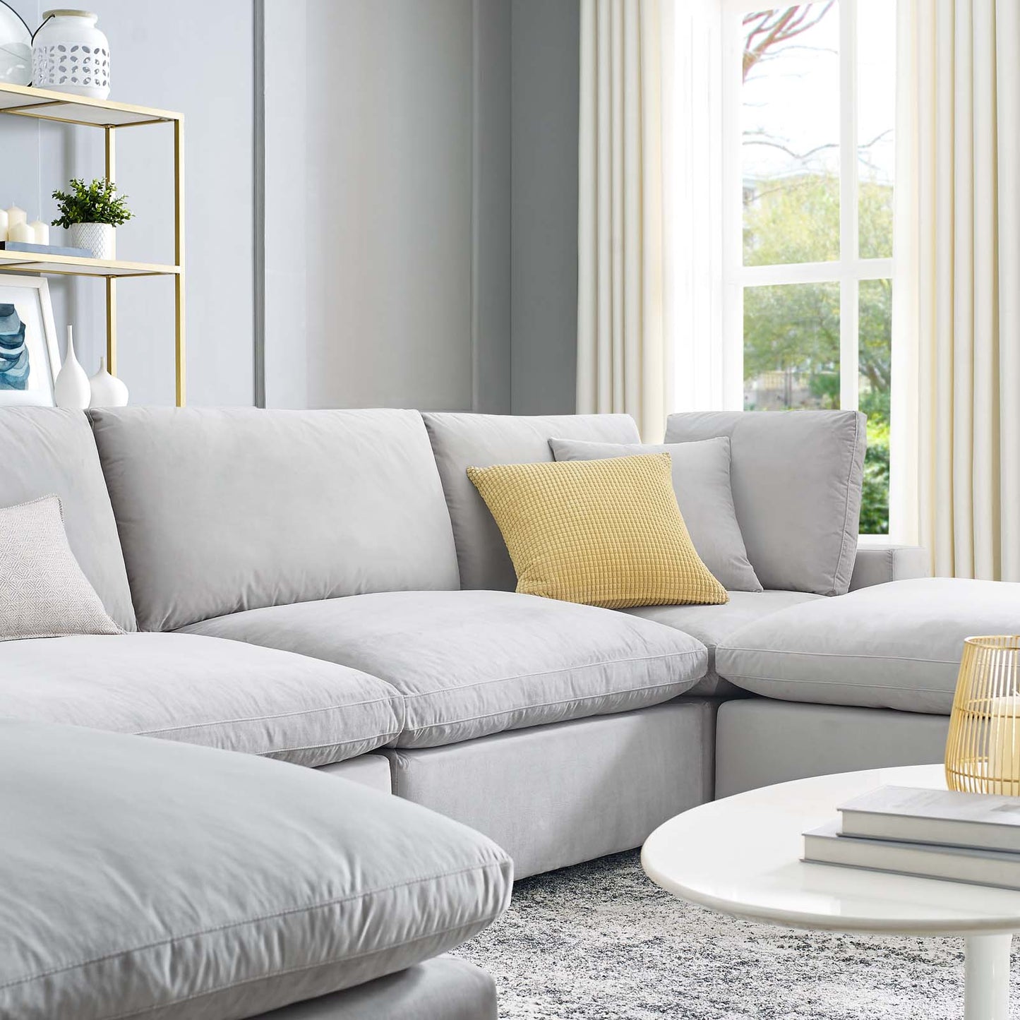 Commix Down Filled Overstuffed Performance Velvet 6-Piece Sectional Sofa, Velvet, Light Grey Gray, 20598