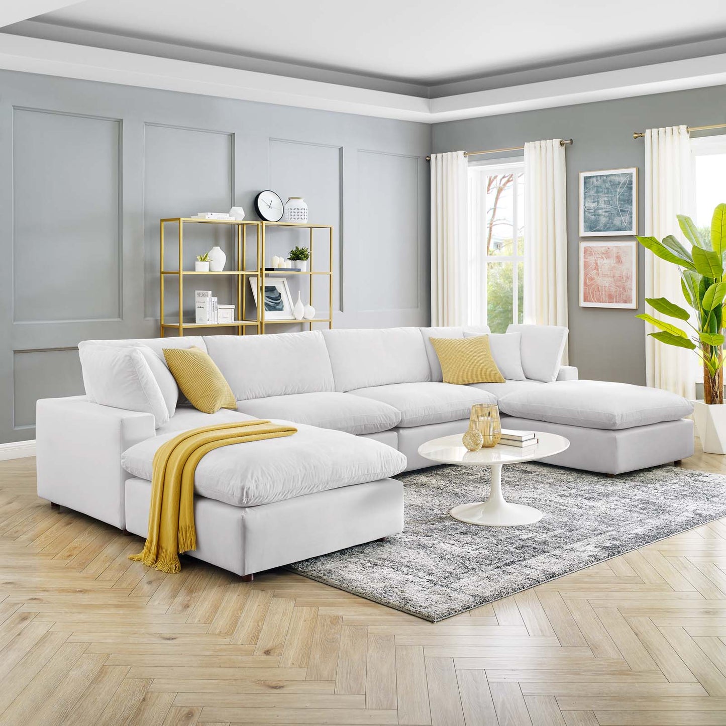 Commix Down Filled Overstuffed Performance Velvet 6-Piece Sectional Sofa, Velvet, White, 20600