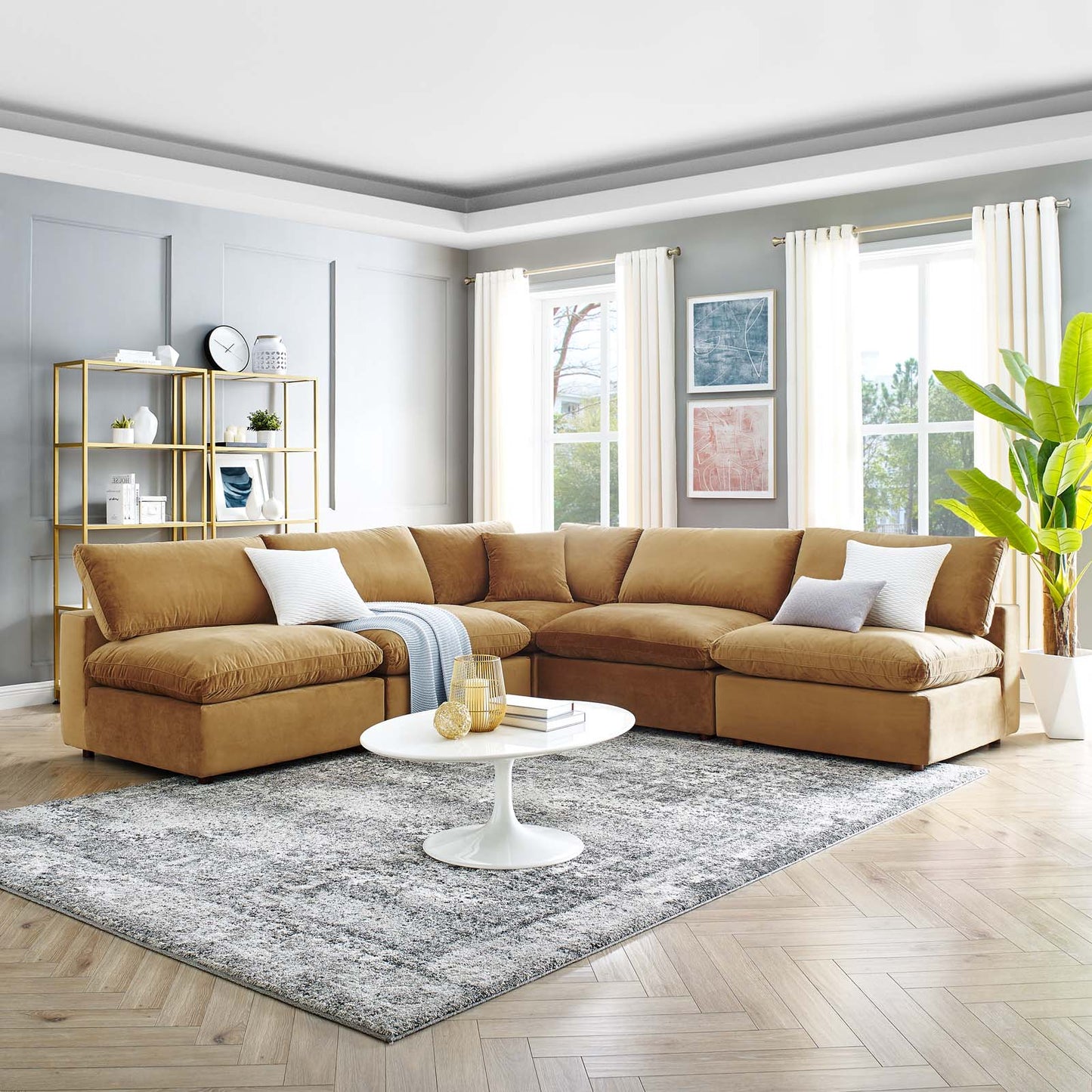 Commix Down Filled Overstuffed Performance Velvet 5-Piece Sectional Sofa, Velvet, Brown, 20601