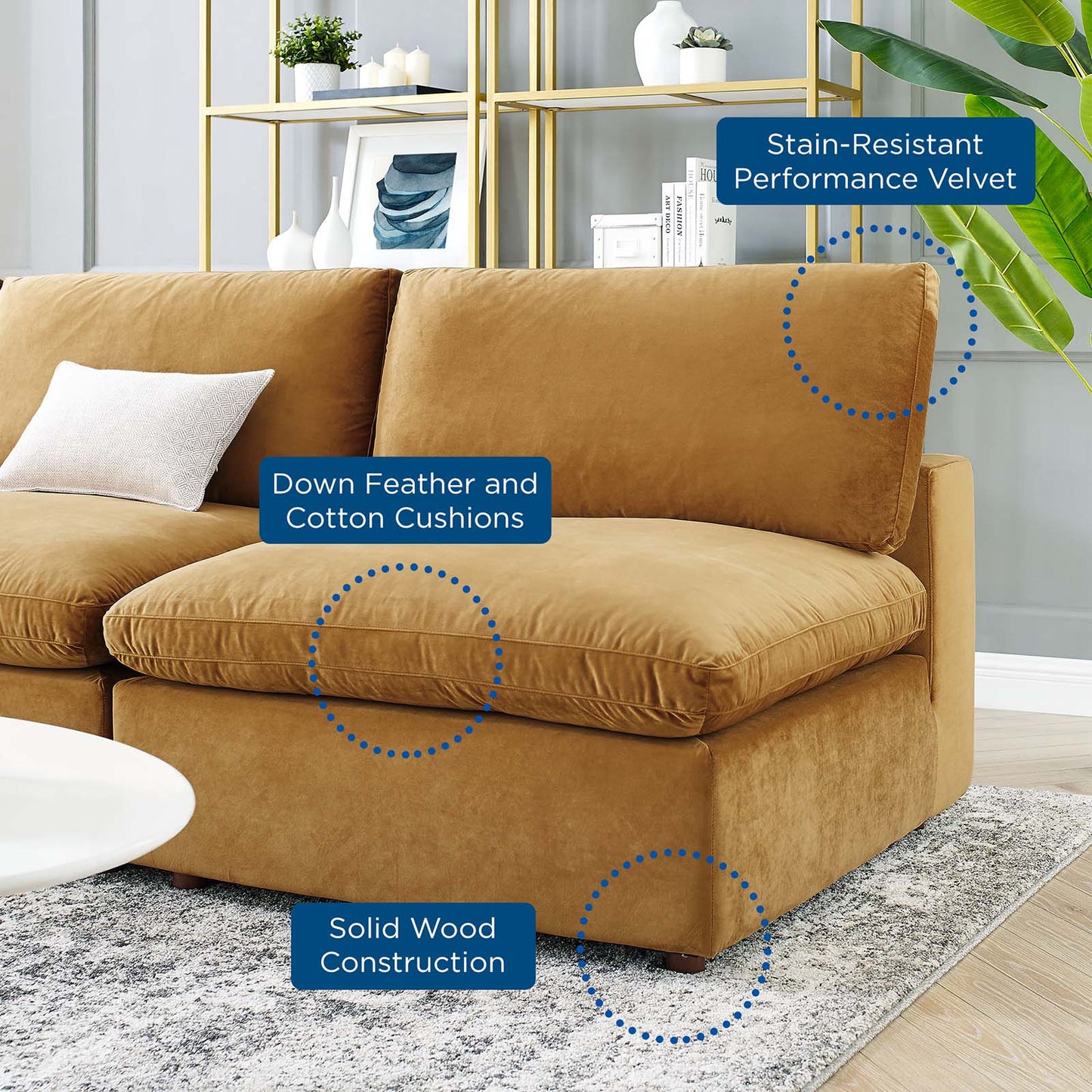Commix Down Filled Overstuffed Performance Velvet 5-Piece Sectional Sofa, Velvet, Brown, 20601