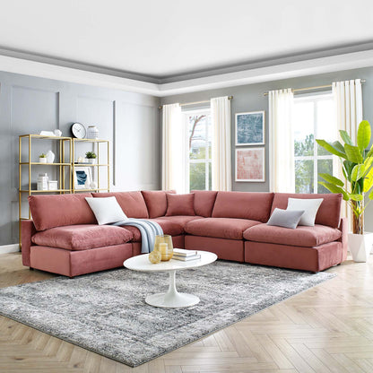 Commix Down Filled Overstuffed Performance Velvet 5-Piece Sectional Sofa, Velvet, Pink, 20602