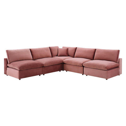 Commix Down Filled Overstuffed Performance Velvet 5-Piece Sectional Sofa, Velvet, Pink, 20602