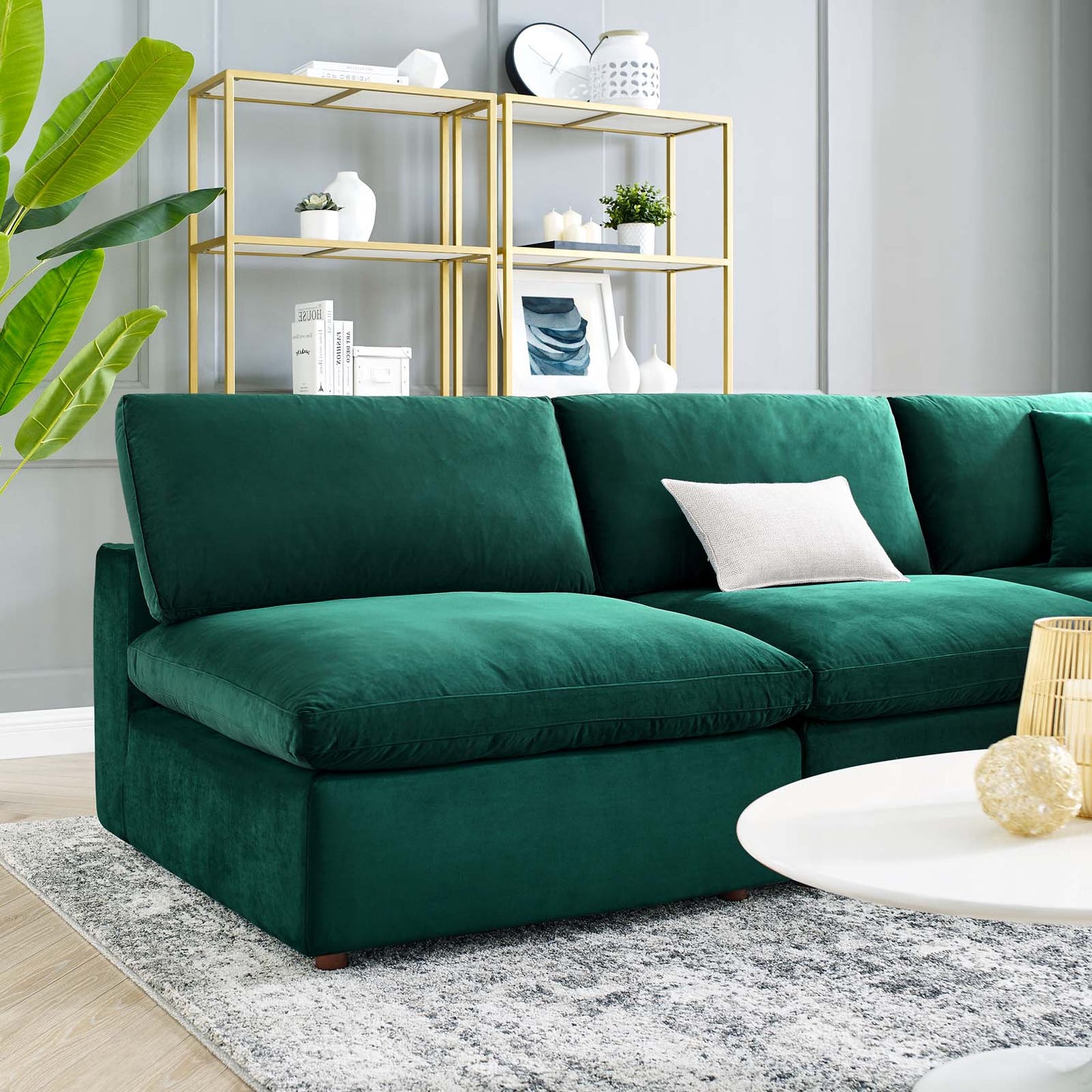 Commix Down Filled Overstuffed Performance Velvet 5-Piece Sectional Sofa, Velvet, Green, 20603