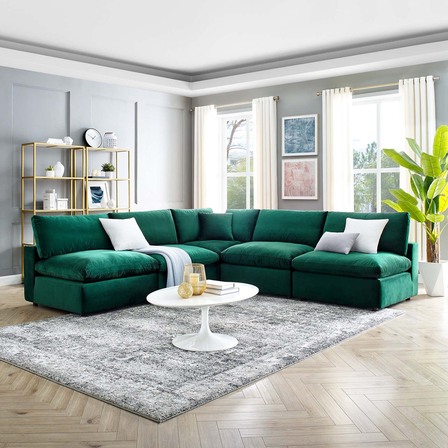 Commix Down Filled Overstuffed Performance Velvet 5-Piece Sectional Sofa, Velvet, Green, 20603