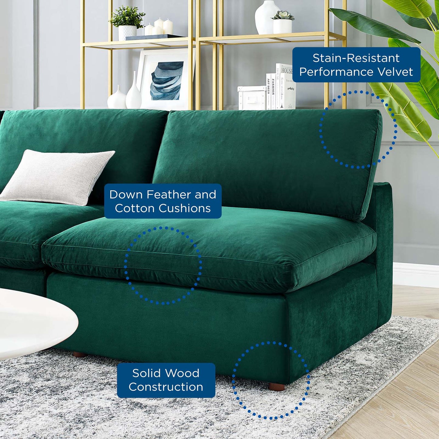 Commix Down Filled Overstuffed Performance Velvet 5-Piece Sectional Sofa, Velvet, Green, 20603