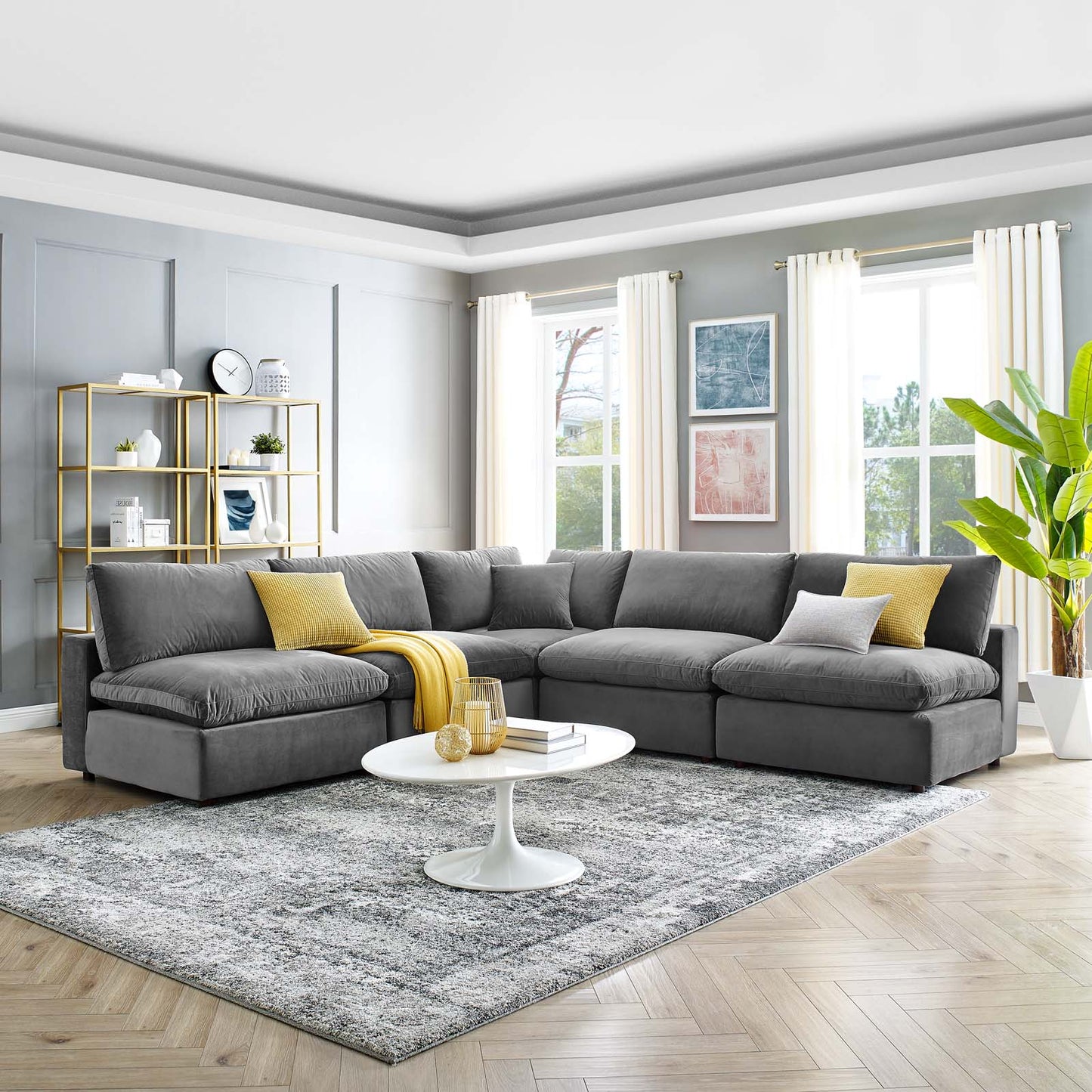 Commix Down Filled Overstuffed Performance Velvet 5-Piece Sectional Sofa, Velvet, Grey Gray, 20604