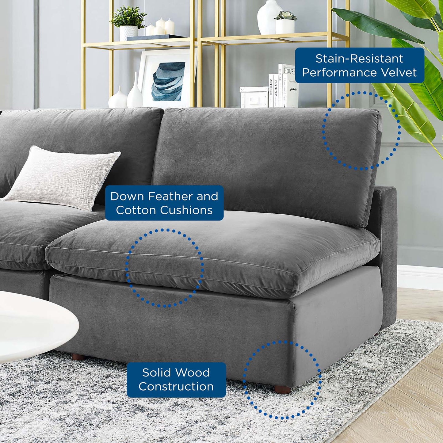 Commix Down Filled Overstuffed Performance Velvet 5-Piece Sectional Sofa, Velvet, Grey Gray, 20604