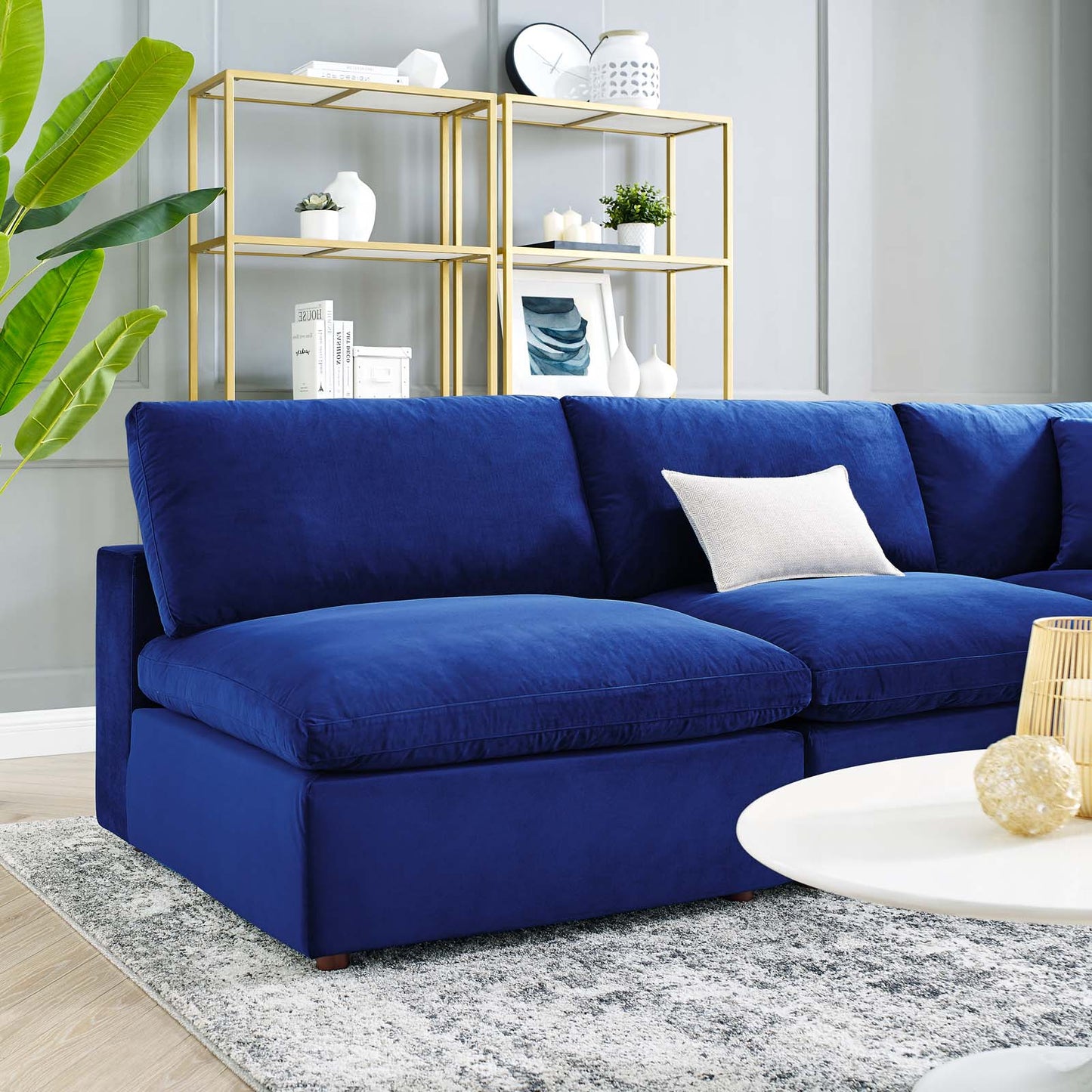 Commix Down Filled Overstuffed Performance Velvet 5-Piece Sectional Sofa, Velvet, Blue Navy, 20606