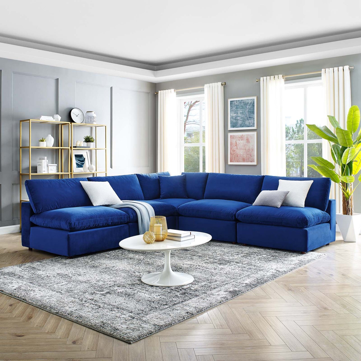 Commix Down Filled Overstuffed Performance Velvet 5-Piece Sectional Sofa, Velvet, Blue Navy, 20606