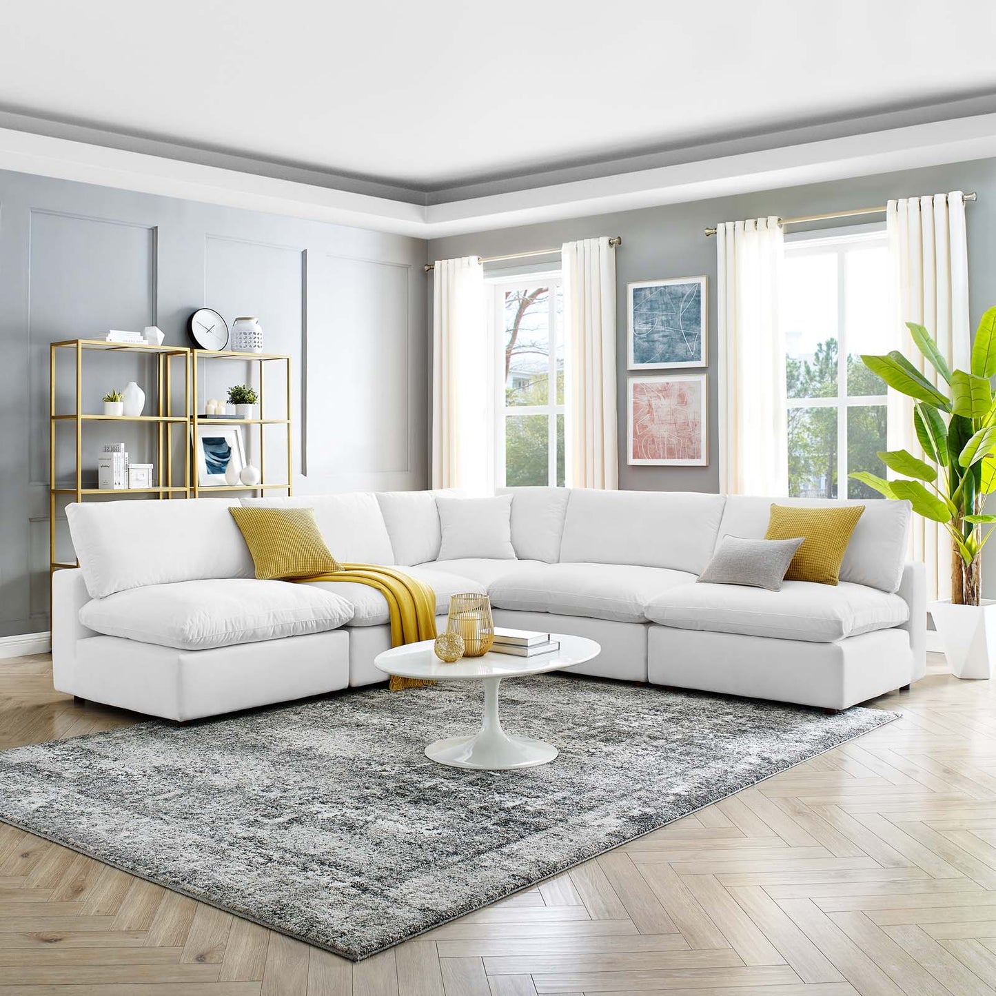 Commix Down Filled Overstuffed Performance Velvet 5-Piece Sectional Sofa, Velvet, White, 20607