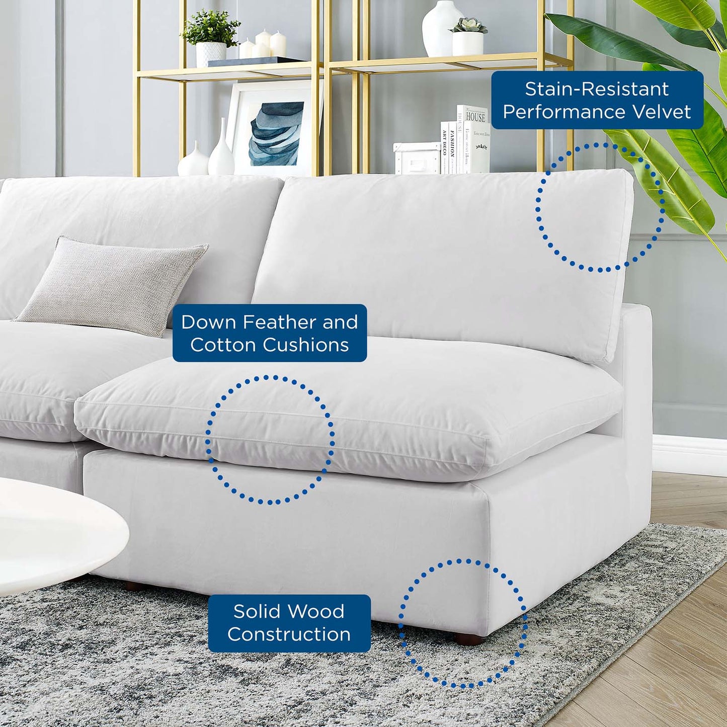 Commix Down Filled Overstuffed Performance Velvet 5-Piece Sectional Sofa, Velvet, White, 20607