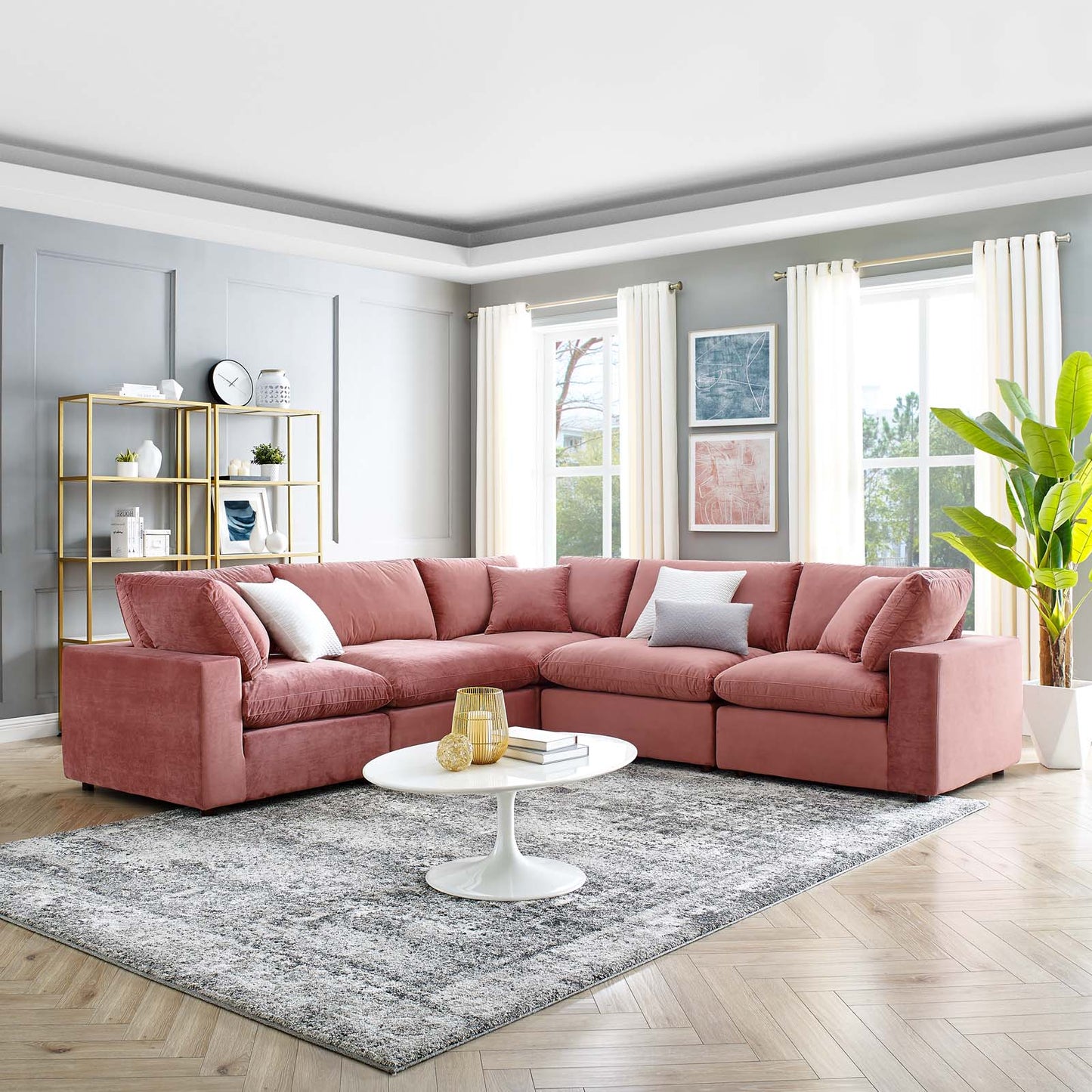 Commix Down Filled Overstuffed Performance Velvet 5-Piece Sectional Sofa, Velvet, Pink, 20609