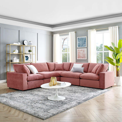 Commix Down Filled Overstuffed Performance Velvet 5-Piece Sectional Sofa, Velvet, Pink, 20609