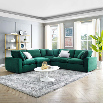Commix Down Filled Overstuffed Performance Velvet 5-Piece Sectional Sofa, Velvet, Green, 20610