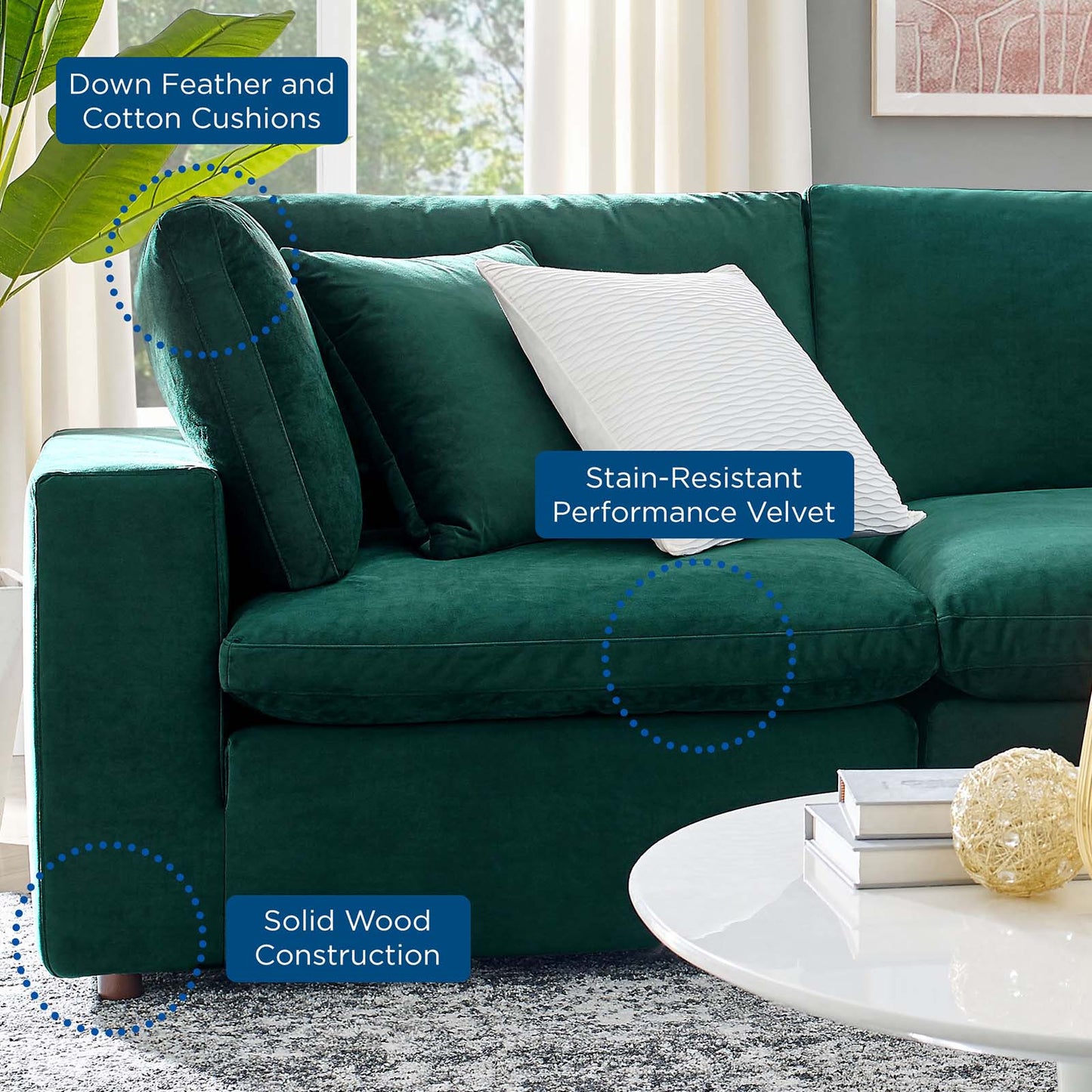 Commix Down Filled Overstuffed Performance Velvet 5-Piece Sectional Sofa, Velvet, Green, 20610