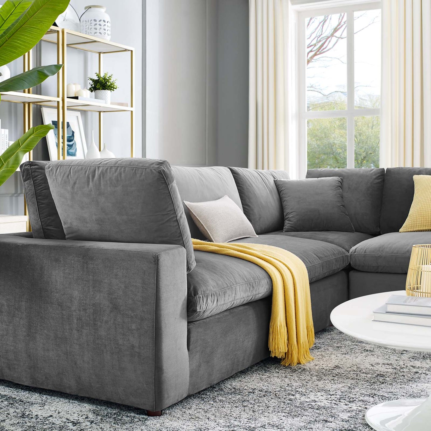 Commix Down Filled Overstuffed Performance Velvet 5-Piece Sectional Sofa, Velvet, Grey Gray, 20611