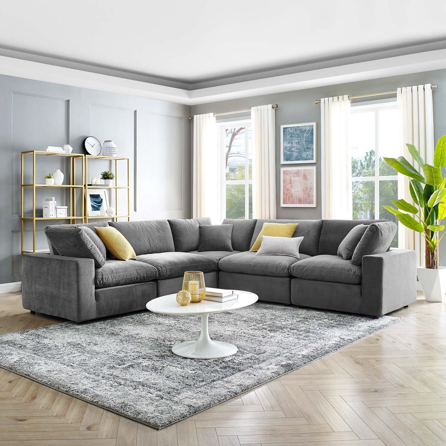 Commix Down Filled Overstuffed Performance Velvet 5-Piece Sectional Sofa, Velvet, Grey Gray, 20611