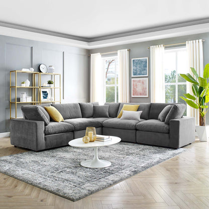 Commix Down Filled Overstuffed Performance Velvet 5-Piece Sectional Sofa, Velvet, Grey Gray, 20611