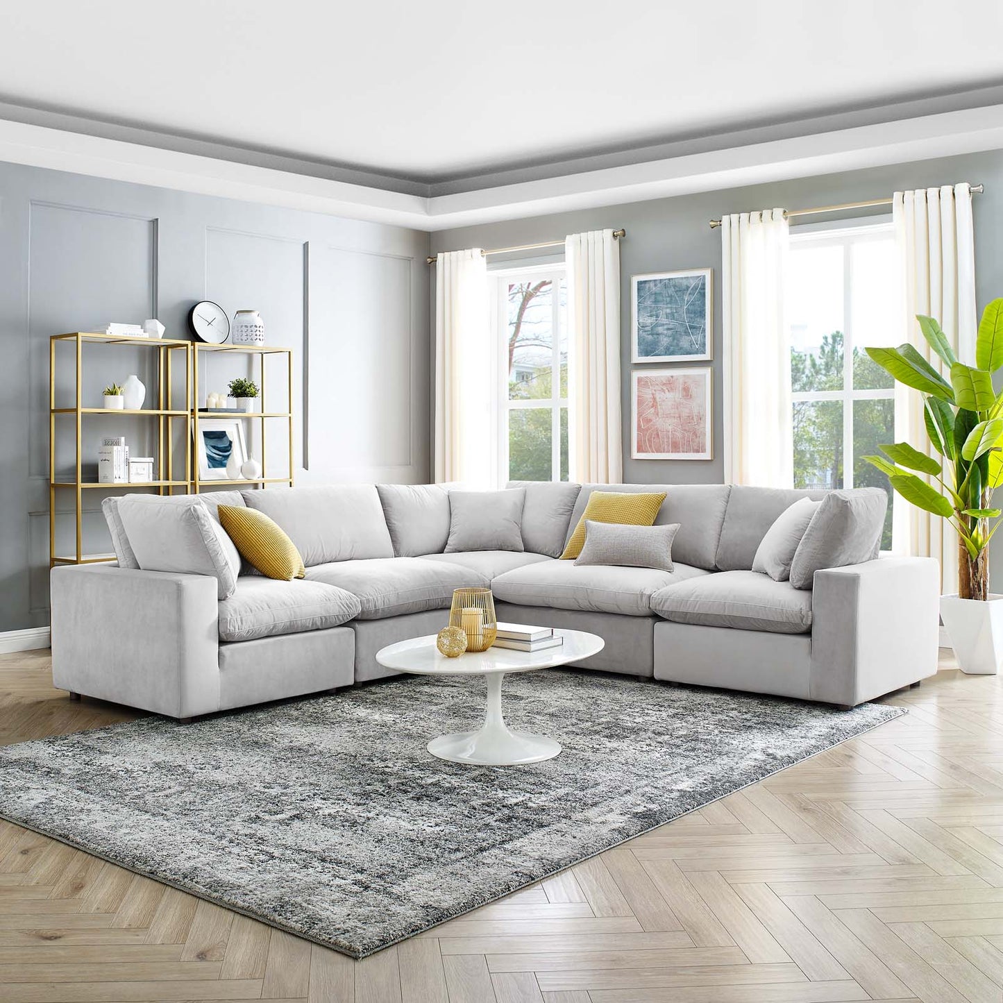 Commix Down Filled Overstuffed Performance Velvet 5-Piece Sectional Sofa, Velvet, Light Grey Gray, 20612
