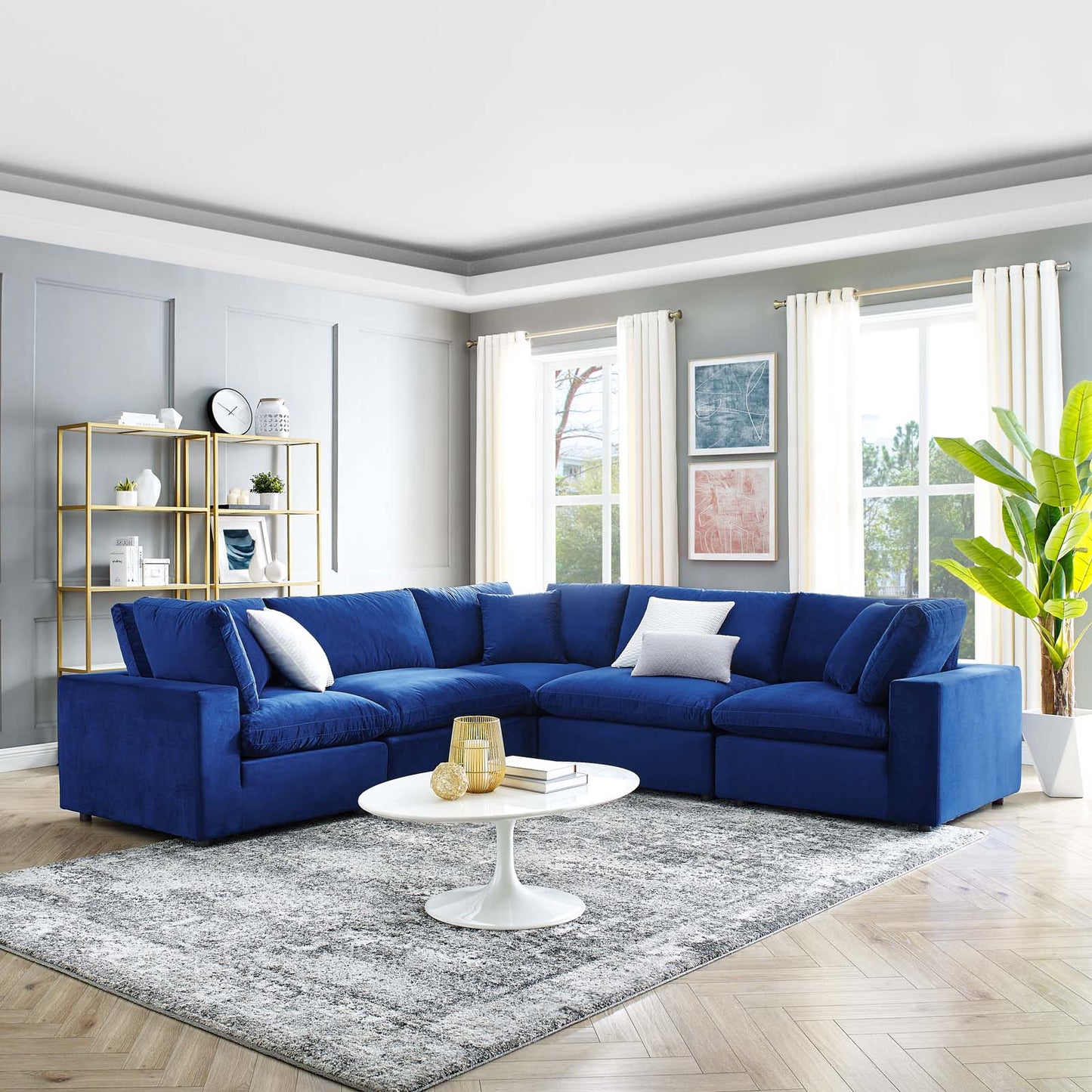 Commix Down Filled Overstuffed Performance Velvet 5-Piece Sectional Sofa, Velvet, Blue Navy, 20613