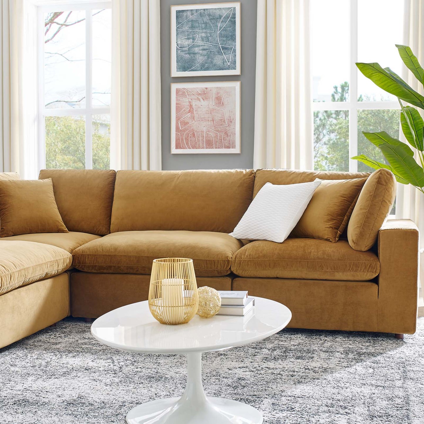 Commix Down Filled Overstuffed Performance Velvet 6-Piece Sectional Sofa, Velvet, Brown, 20615