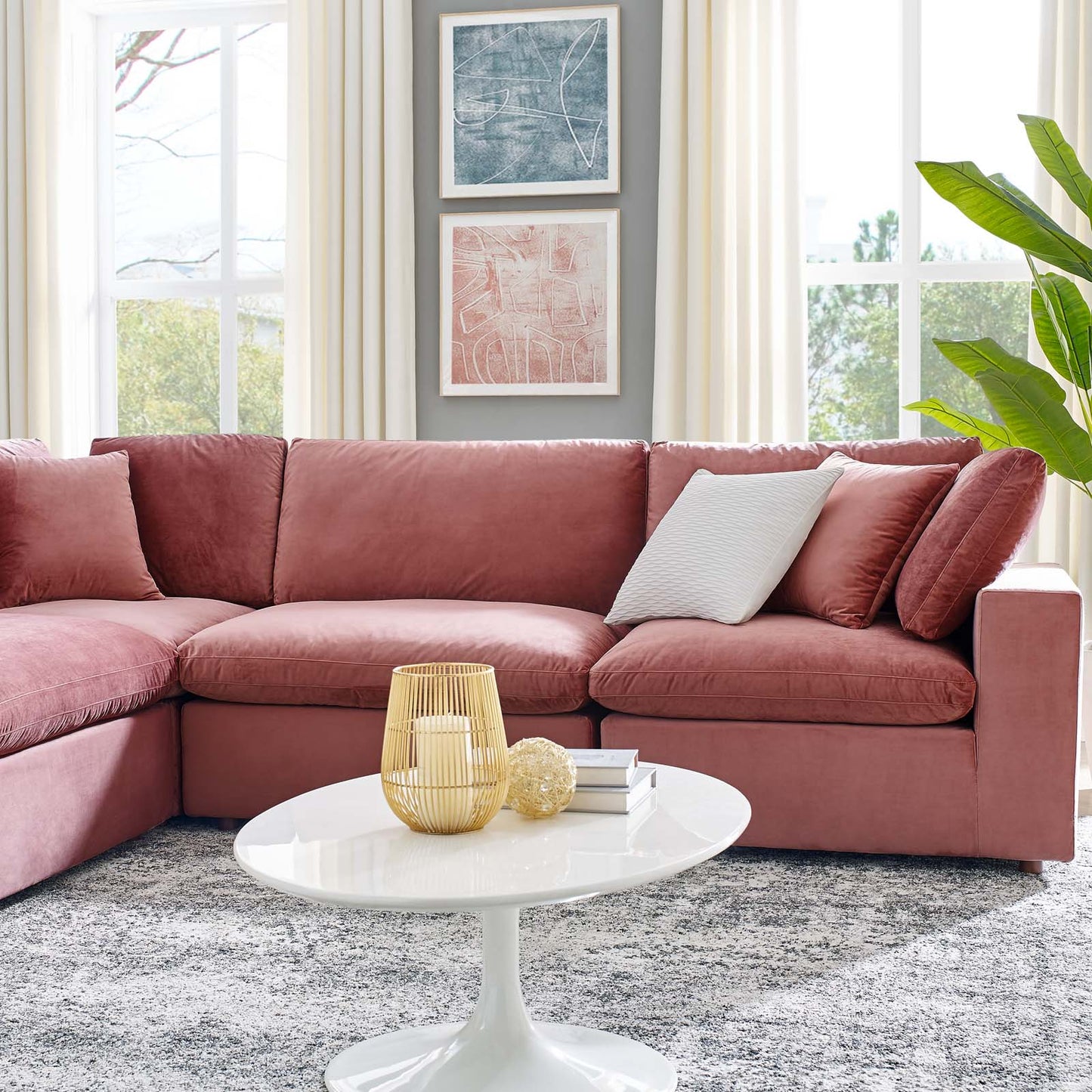 Commix Down Filled Overstuffed Performance Velvet 6-Piece Sectional Sofa, Velvet, Pink, 20616