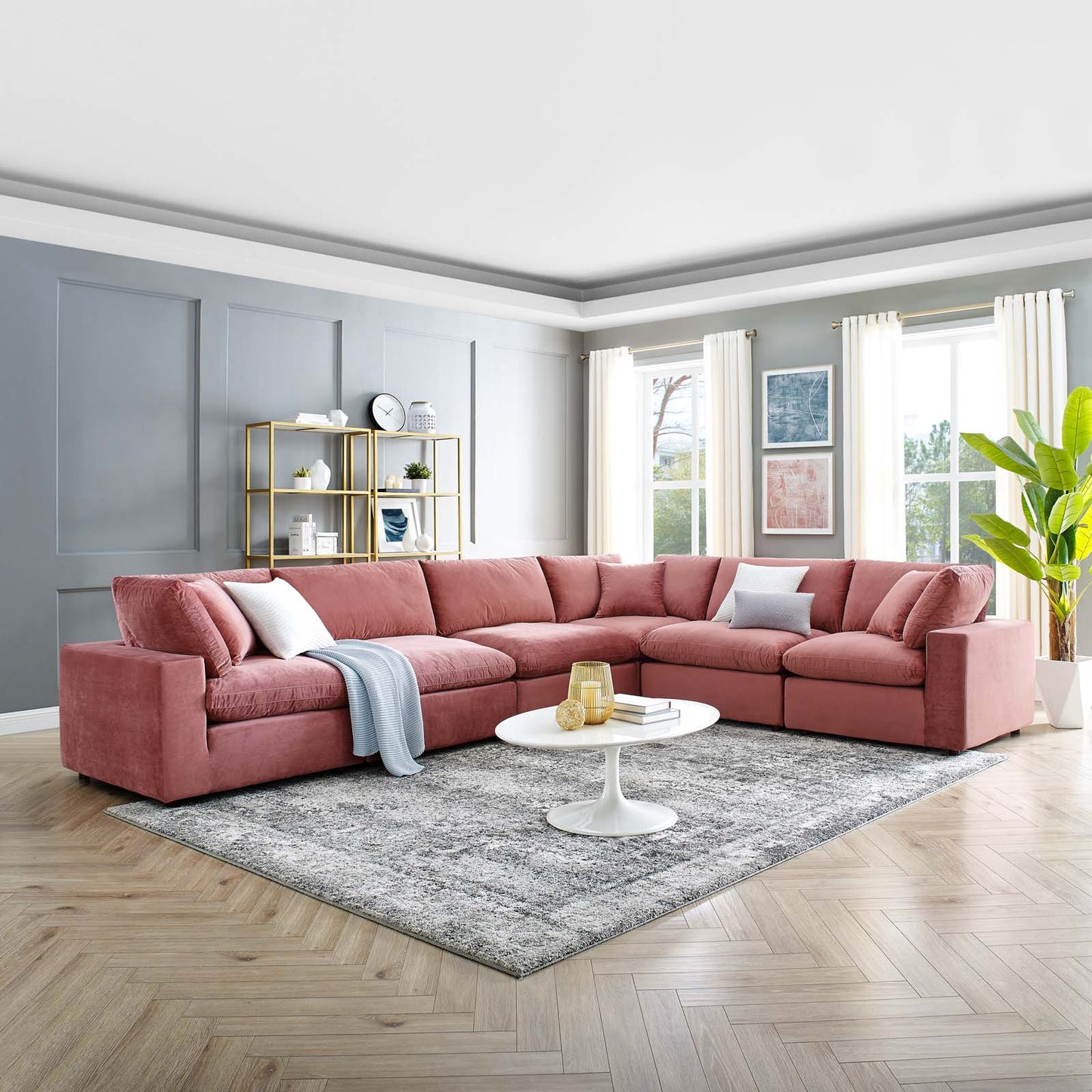Commix Down Filled Overstuffed Performance Velvet 6-Piece Sectional Sofa, Velvet, Pink, 20616