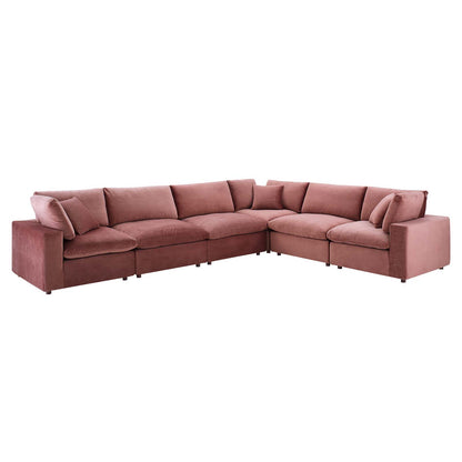 Commix Down Filled Overstuffed Performance Velvet 6-Piece Sectional Sofa, Velvet, Pink, 20616