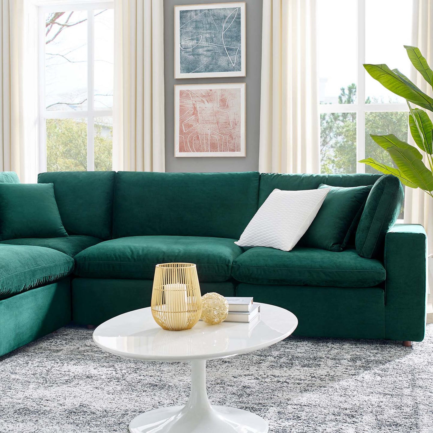 Commix Down Filled Overstuffed Performance Velvet 6-Piece Sectional Sofa, Velvet, Green, 20617