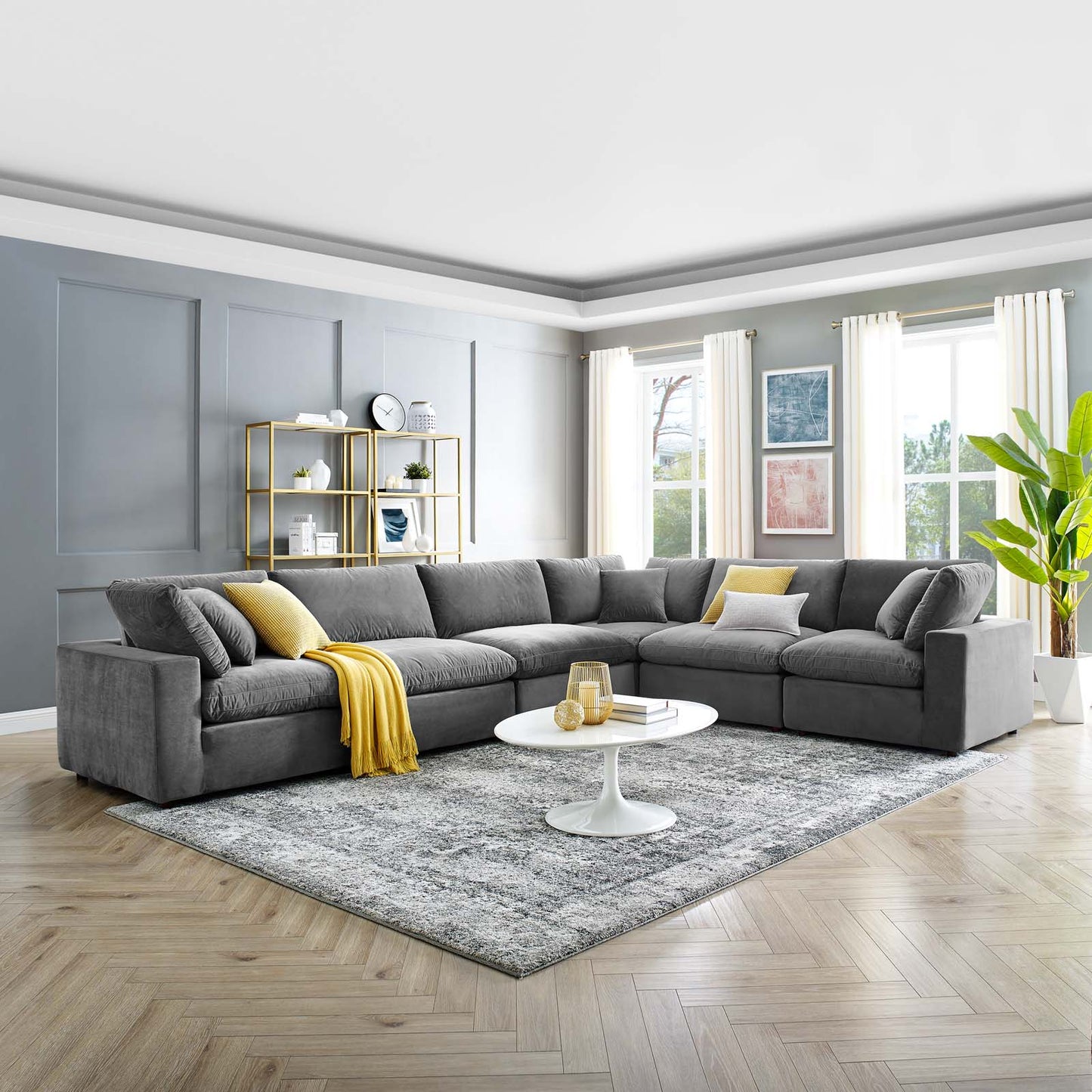 Commix Down Filled Overstuffed Performance Velvet 6-Piece Sectional Sofa, Velvet, Grey Gray, 20618