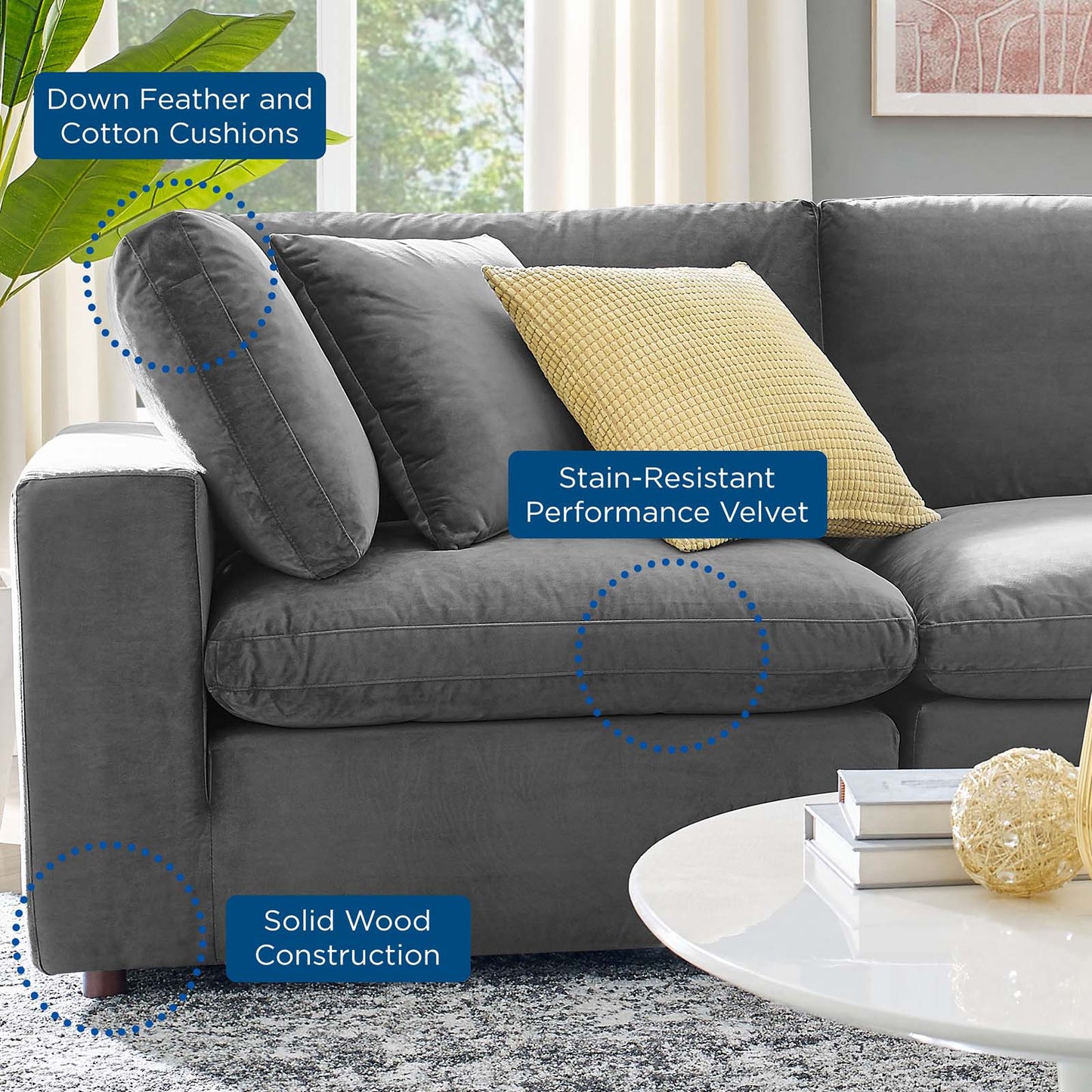 Commix Down Filled Overstuffed Performance Velvet 6-Piece Sectional Sofa, Velvet, Grey Gray, 20618