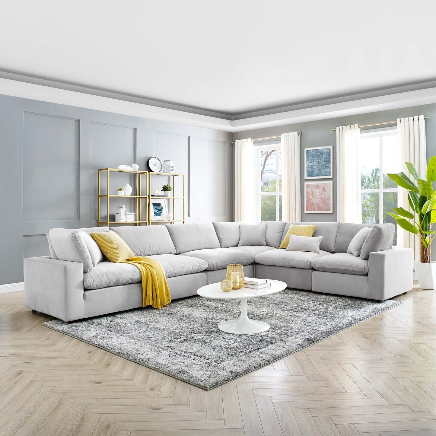 Commix Down Filled Overstuffed Performance Velvet 6-Piece Sectional Sofa, Velvet, Light Grey Gray, 20619