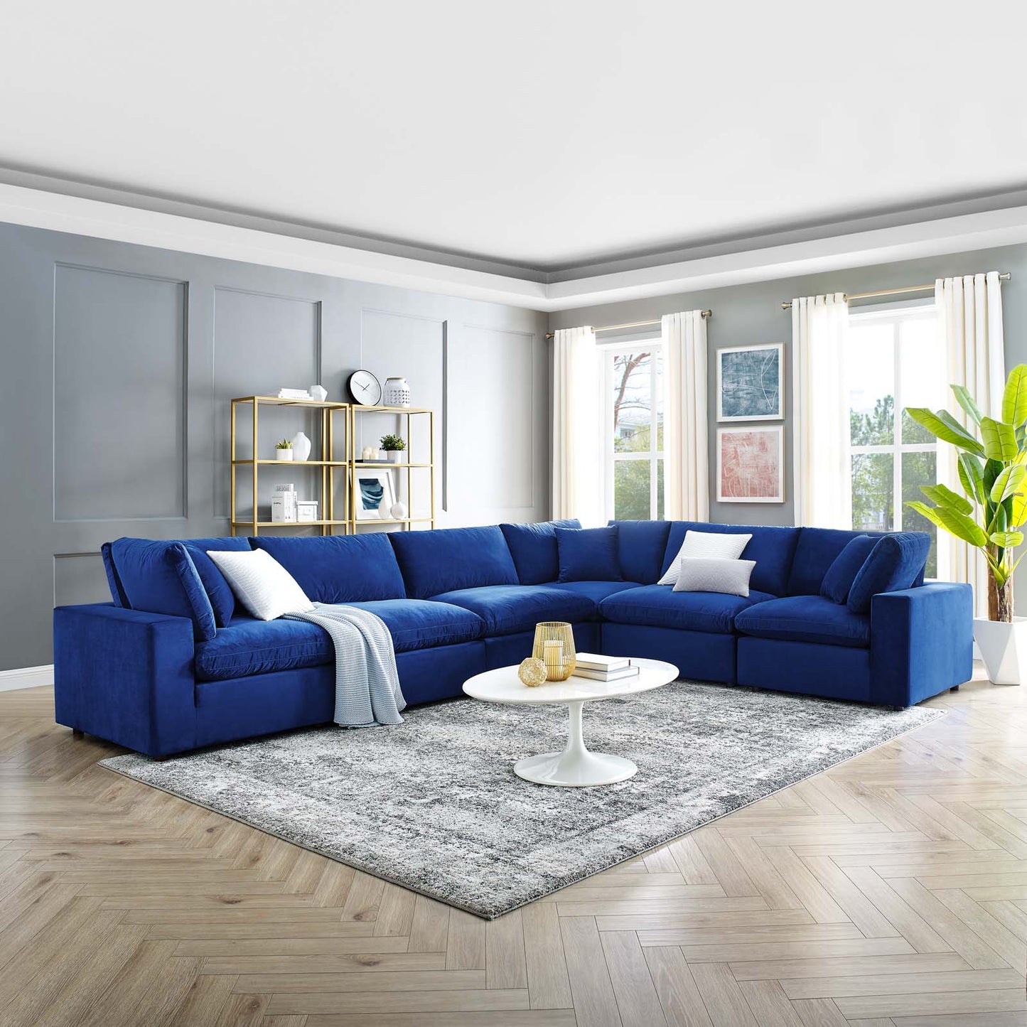 Commix Down Filled Overstuffed Performance Velvet 6-Piece Sectional Sofa, Velvet, Blue Navy, 20620