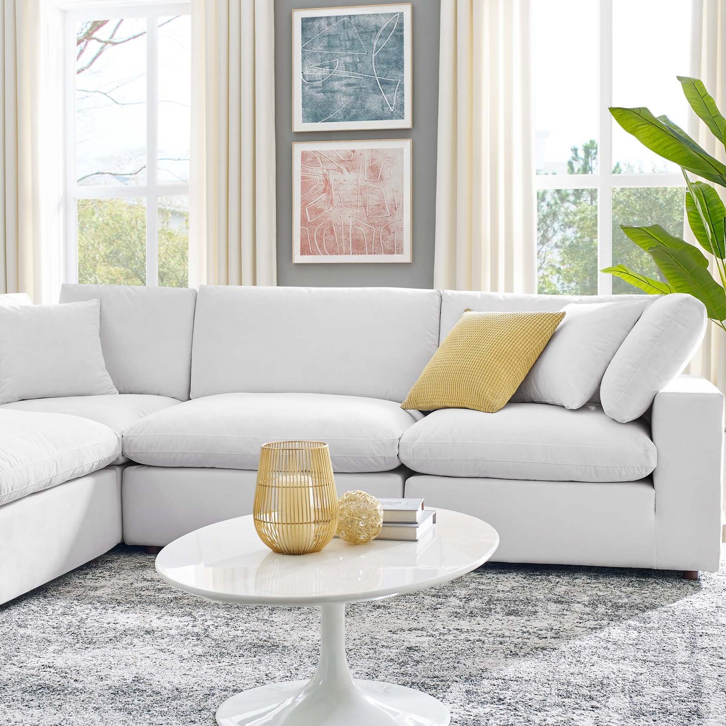 Commix Down Filled Overstuffed Performance Velvet 6-Piece Sectional Sofa, Velvet, White, 20621