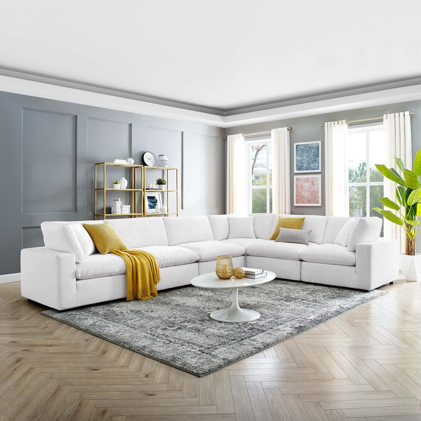 Commix Down Filled Overstuffed Performance Velvet 6-Piece Sectional Sofa, Velvet, White, 20621