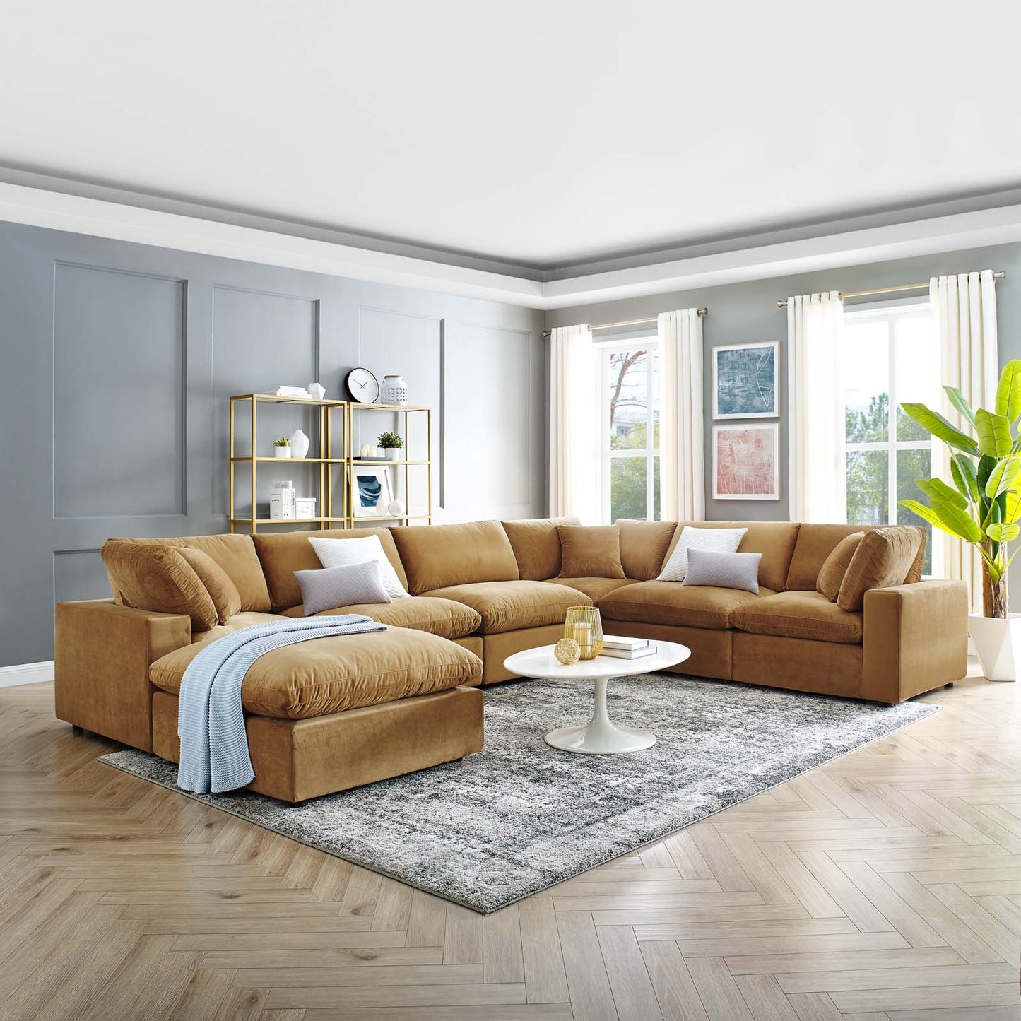 Commix Down Filled Overstuffed Performance Velvet 7-Piece Sectional Sofa, Velvet, Brown, 20622