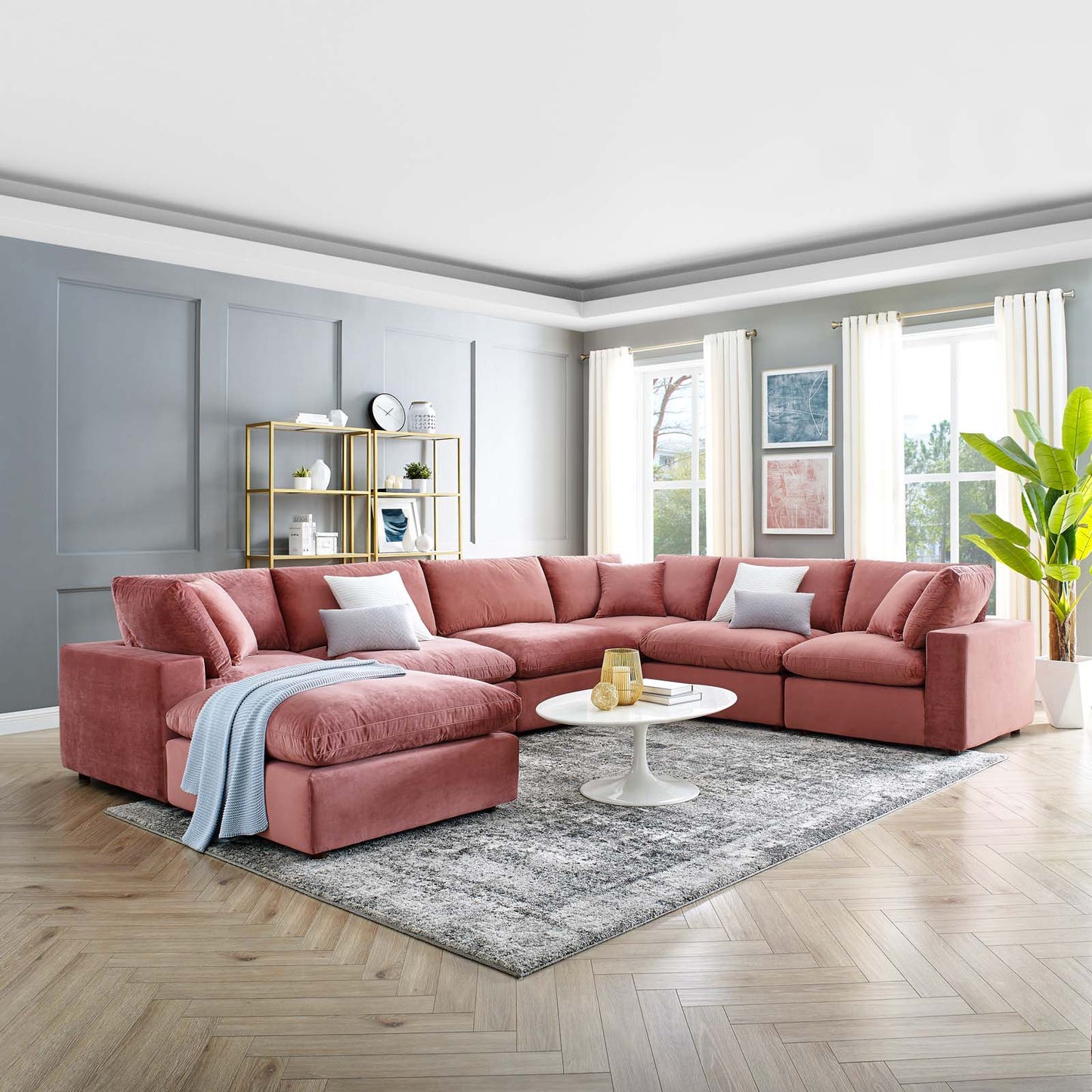 Commix Down Filled Overstuffed Performance Velvet 7-Piece Sectional Sofa, Velvet, Pink, 20623