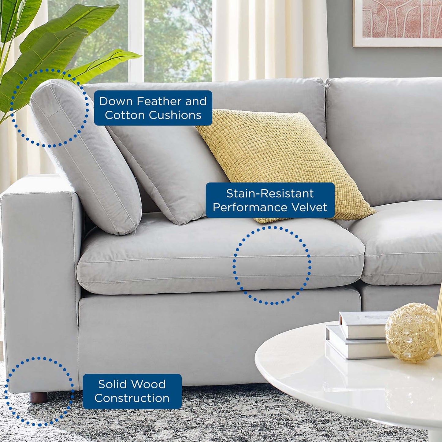 Commix Down Filled Overstuffed Performance Velvet 7-Piece Sectional Sofa, Velvet, Light Grey Gray, 20626