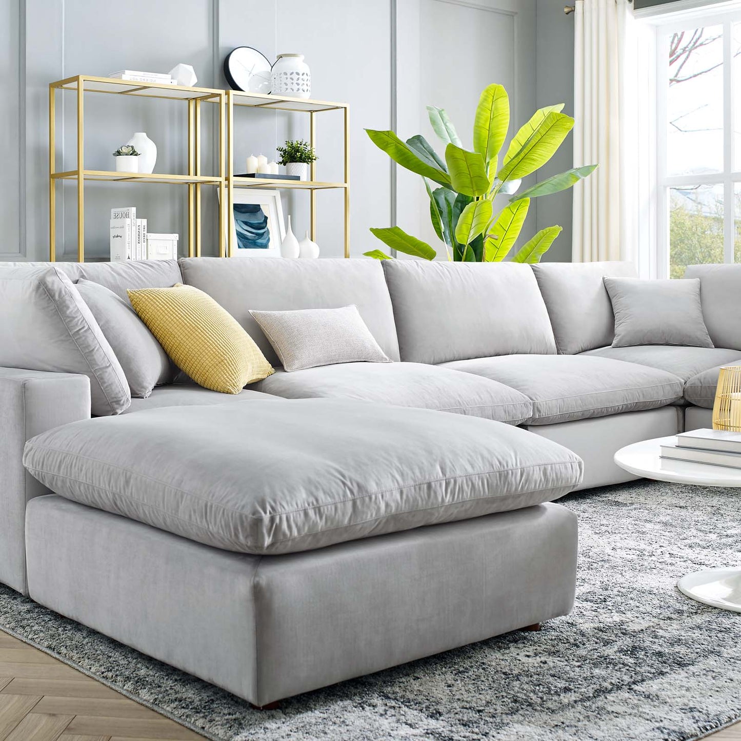 Commix Down Filled Overstuffed Performance Velvet 7-Piece Sectional Sofa, Velvet, Light Grey Gray, 20626