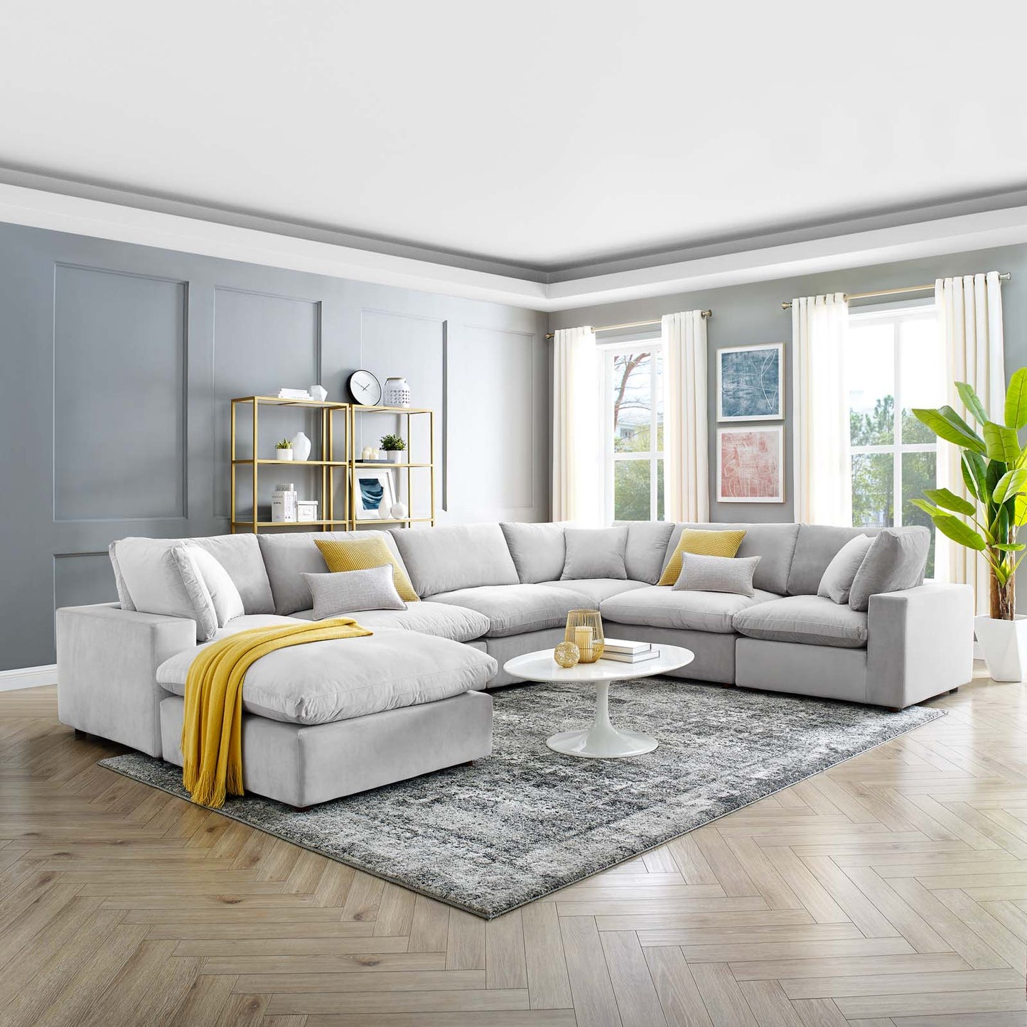 Commix Down Filled Overstuffed Performance Velvet 7-Piece Sectional Sofa, Velvet, Light Grey Gray, 20626