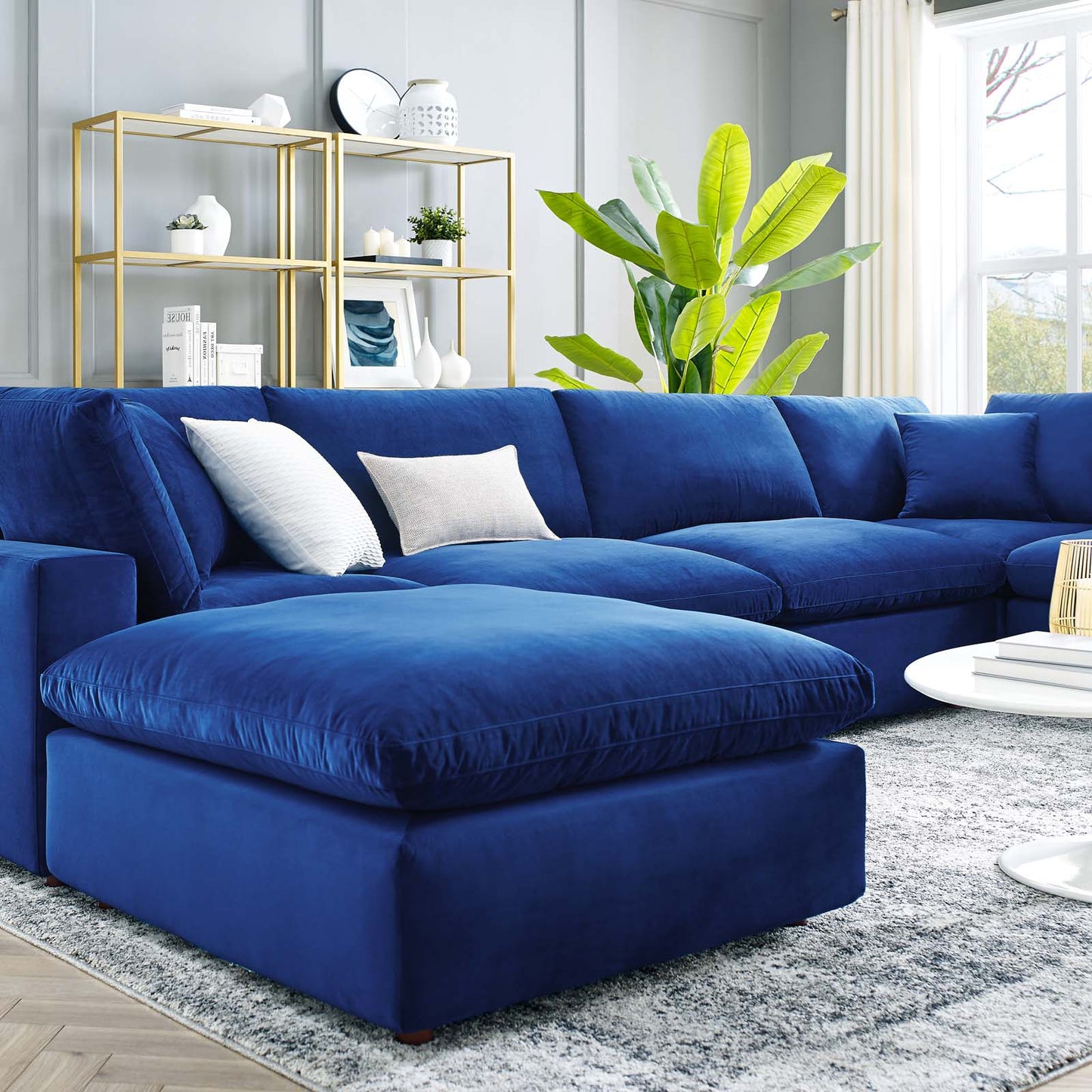 Commix Down Filled Overstuffed Performance Velvet 7-Piece Sectional Sofa, Velvet, Blue Navy, 20627