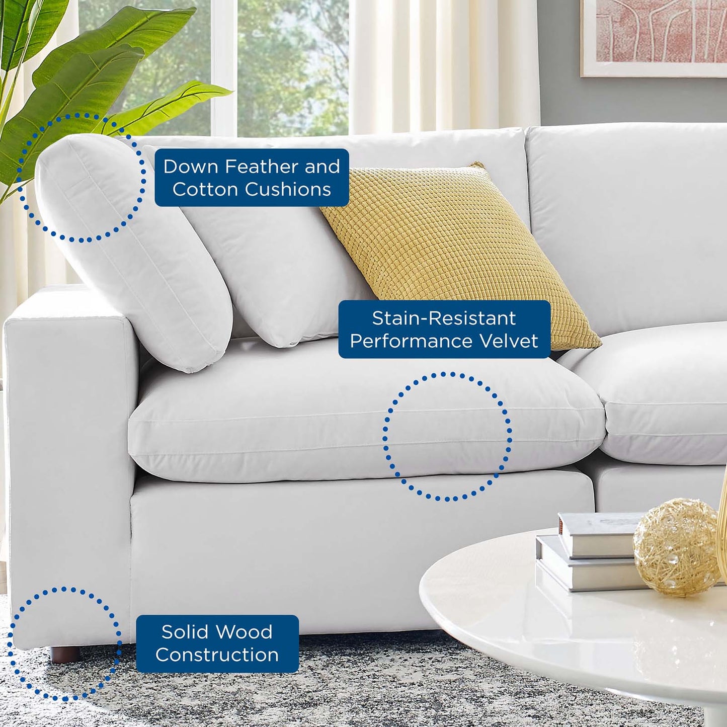 Commix Down Filled Overstuffed Performance Velvet 7-Piece Sectional Sofa, Velvet, White, 20628