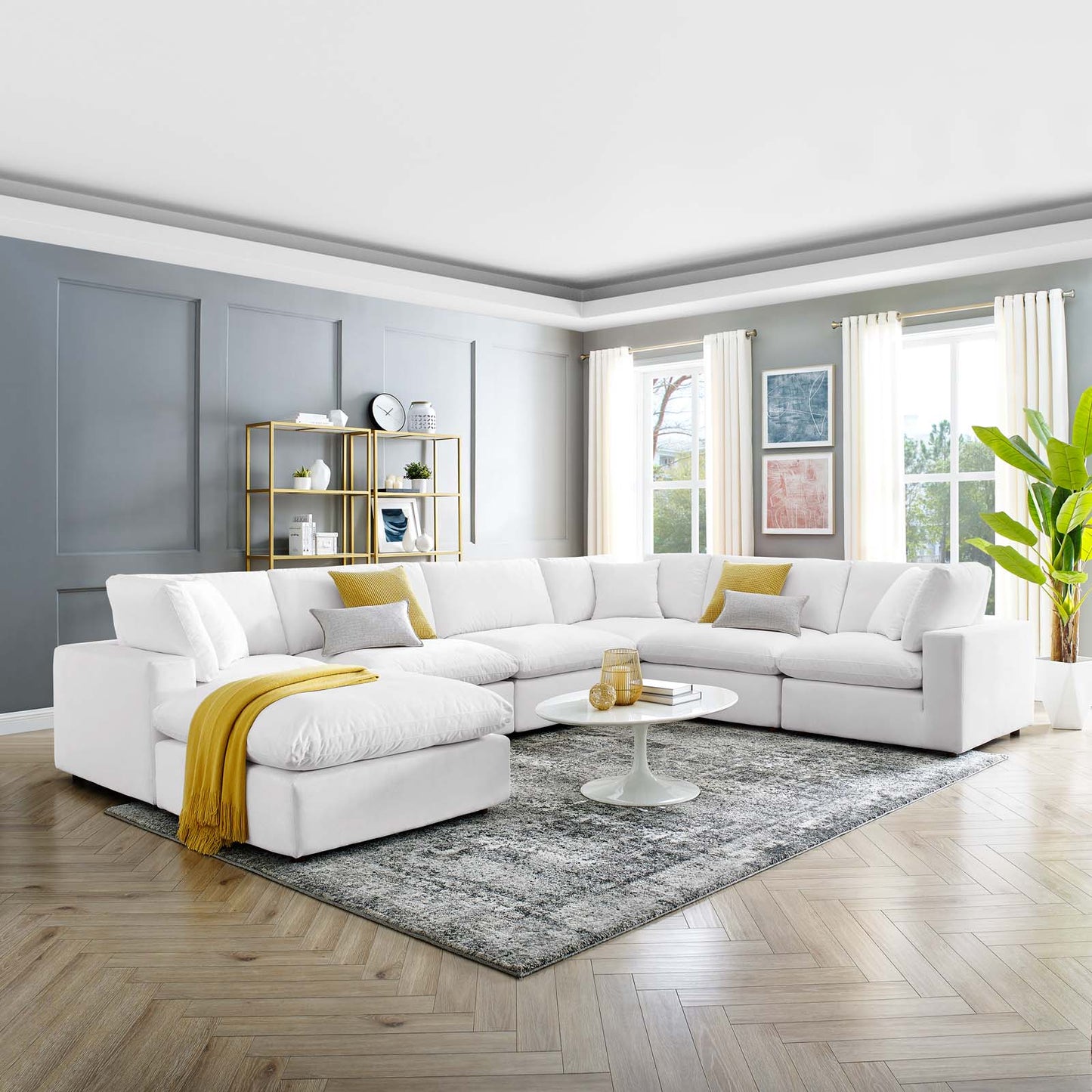 Commix Down Filled Overstuffed Performance Velvet 7-Piece Sectional Sofa, Velvet, White, 20628